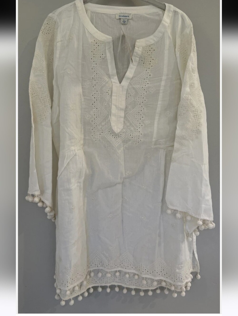 Sundance Ivory Eyelet Cotton Tunic with Pom Trim